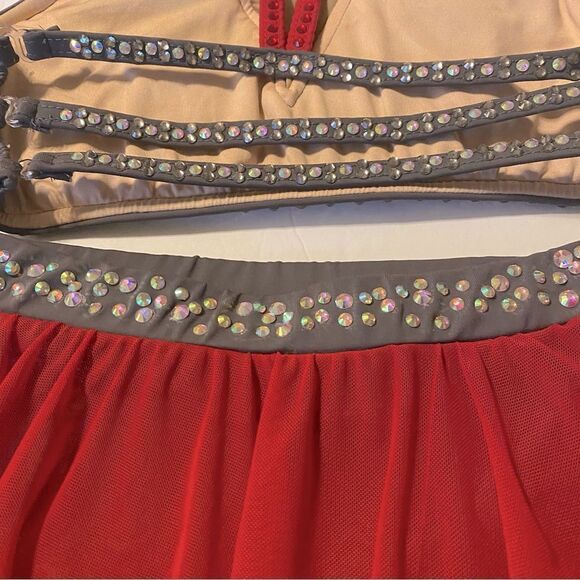 Glamour solo 2 piece dance costume red gray lyrical embellished bling XLC child - Picture 9 of 14